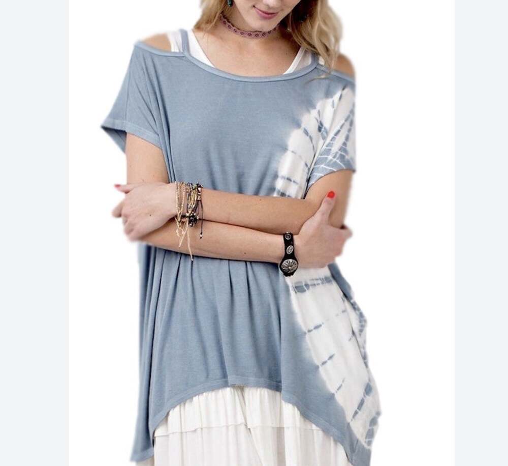 Easel Blue White Tie Dye Cold Shoulder Boho Tunic Top - Womens Small